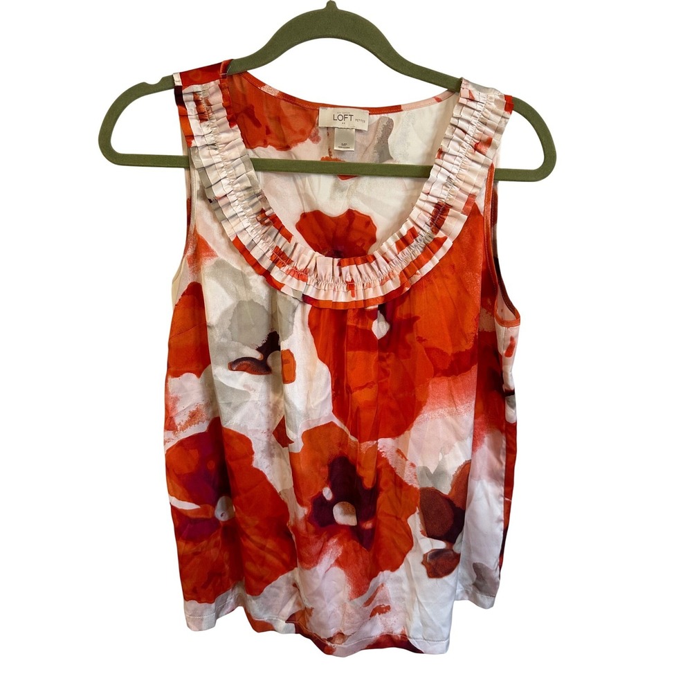 Ann Taylor Loft Petites Red Orange Floral Ruffle Scoop Neck Blouse MP Sleeveless